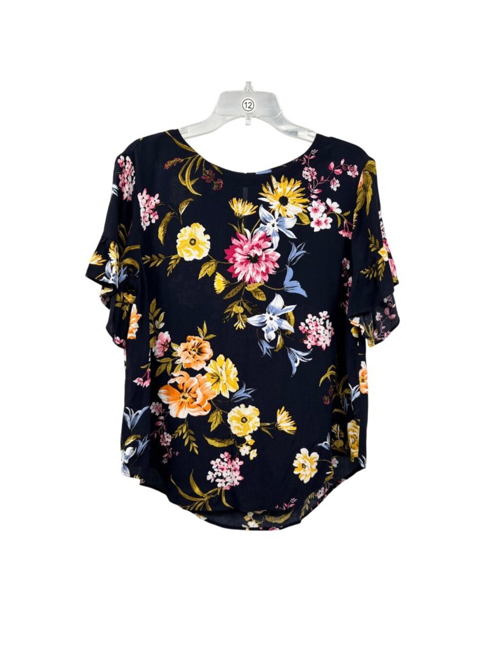 Loft Womens Floral Top Short Sleeve Ruffle Cuff Navy/Multi Size Medium